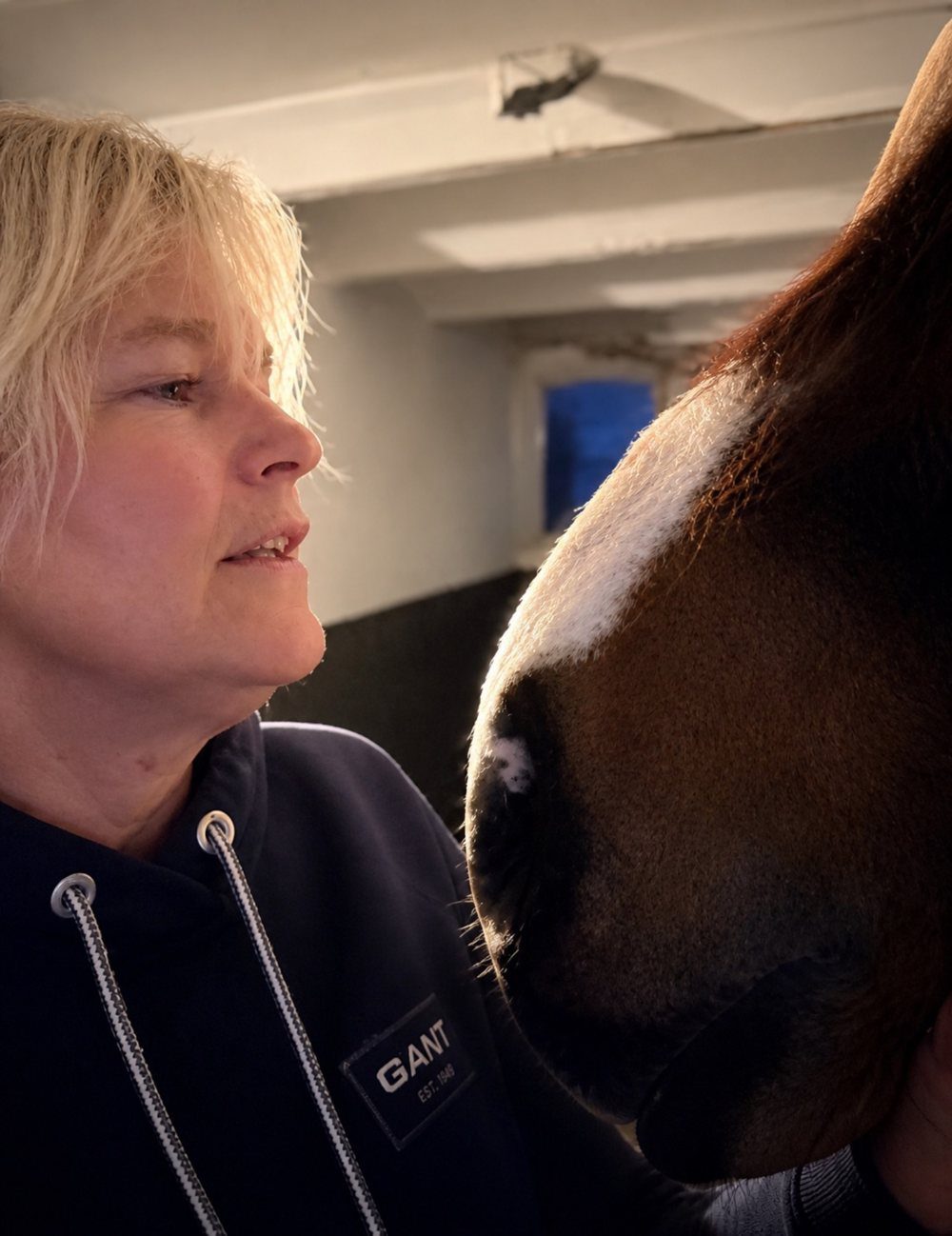 Karin Seegardel with her horse in the stable